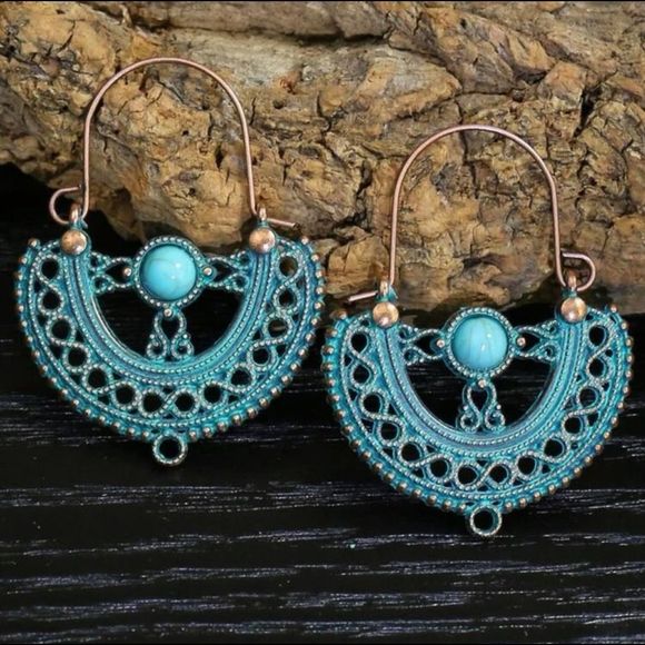 Turquoise and Patina Brass Boho Hoop Earrings - Picture 4 of 4